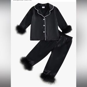 Black satin girls pajamas with Faux Fur Trim